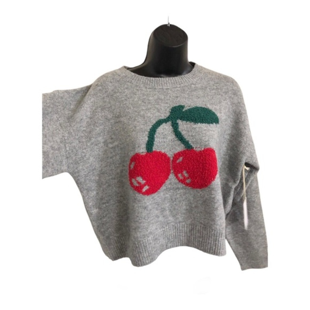 Luna Ivy gray knit cherry printed long sleeve‎ ribbed crewneck sweater size XS